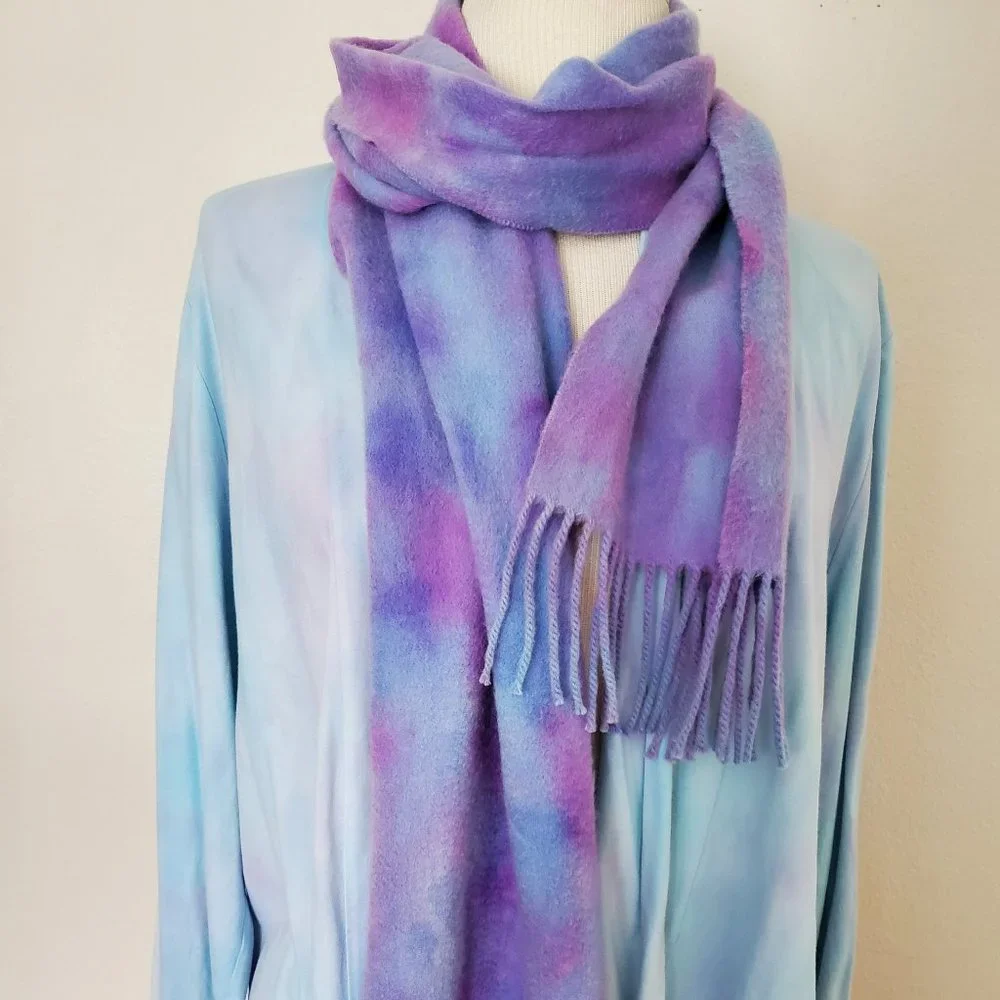 NEW soft Cashmere Scarf Wrap fringe tie dyed brunello blue pink purple